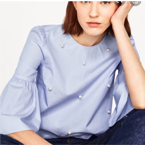 Zara Tops - Zara Light Blue Blouse with Pearl Details
